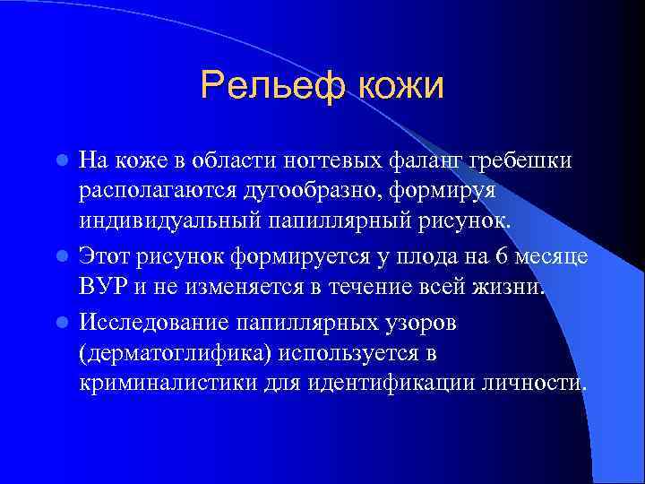 Рельеф кожи На коже в области ногтевых фаланг гребешки располагаются дугообразно, формируя индивидуальный папиллярный