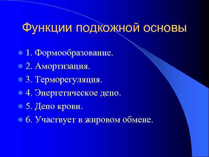 Функции подкожной основы l 1. Формообразование. l 2. Амортизация. l 3. Терморегуляция. l 4.