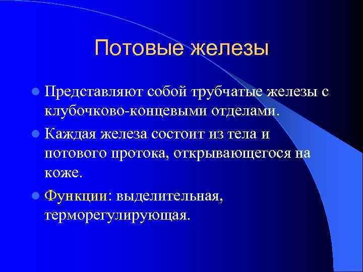 Потовые железы l Представляют собой трубчатые железы с клубочково-концевыми отделами. l Каждая железа состоит