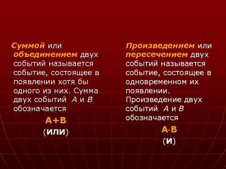 Суммой или объединением двух событий называется событие, состоящее в появлении хотя бы одного из