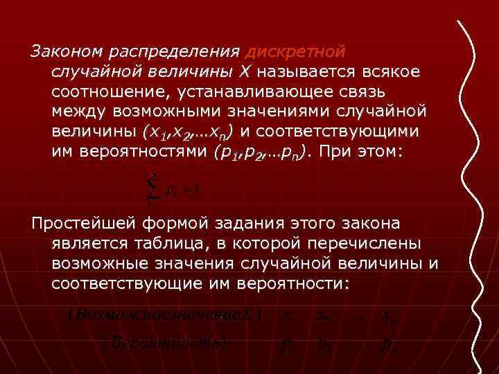 Законом распределения дискретной случайной величины X называется всякое соотношение, устанавливающее связь между возможными значениями