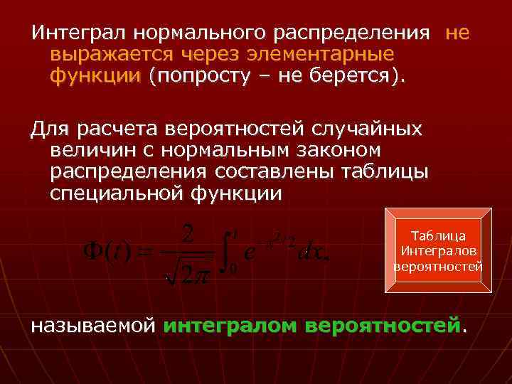 Интеграл нормального распределения не выражается через элементарные функции (попросту – не берется). Для расчета