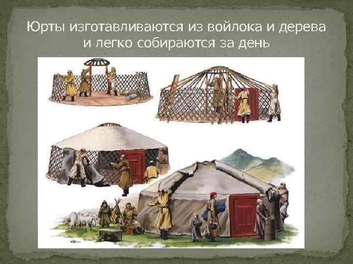 Юрты изготавливаются из войлока и дерева и легко собираются за день 
