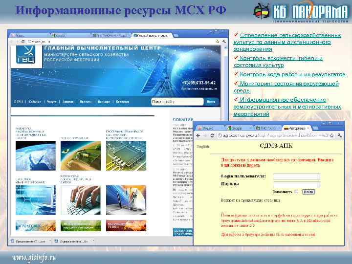 Информационные ресурсы МСХ РФ ü Определение сельскохозяйственных культур по данным дистанционного зондирования ü Контроль