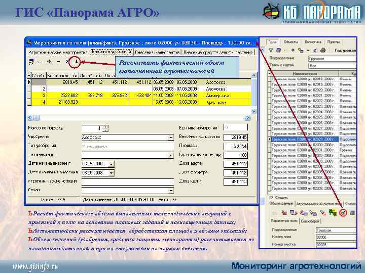 ГИС «Панорама АГРО» Рассчитать фактический объем выполненных агротехнологий ь Расчет фактического объема выполненных технологических