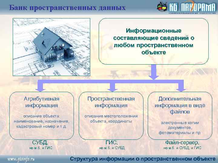 Банк пространственных данных Информационные составляющие сведений о любом пространственном объекте Атрибутивная информация Пространственная информация