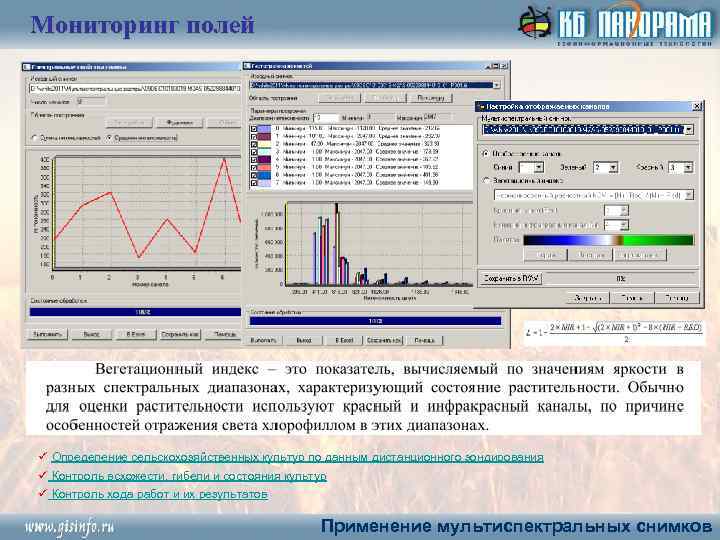 Мониторинг полей ü Определение сельскохозяйственных культур по данным дистанционного зондирования ü Контроль всхожести, гибели