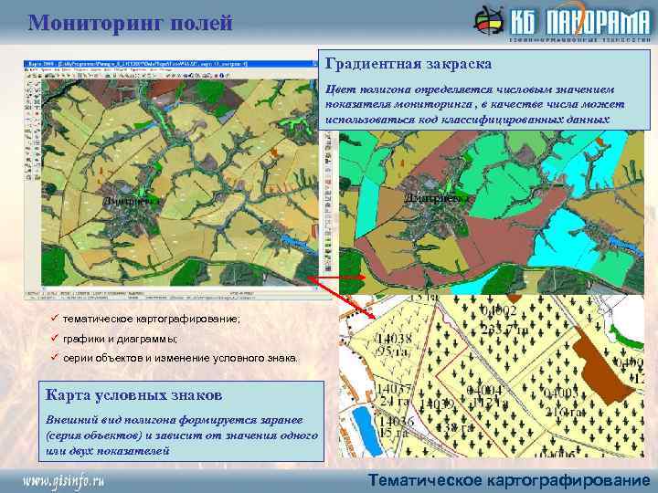 Мониторинг полей Градиентная закраска Цвет полигона определяется числовым значением показателя мониторинга , в качестве