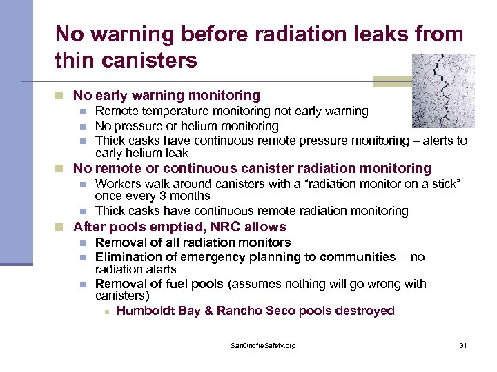 No warning before radiation leaks from thin canisters n No early warning monitoring n