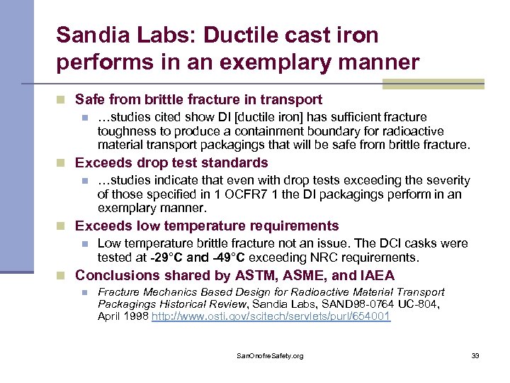 Sandia Labs: Ductile cast iron performs in an exemplary manner n Safe from brittle