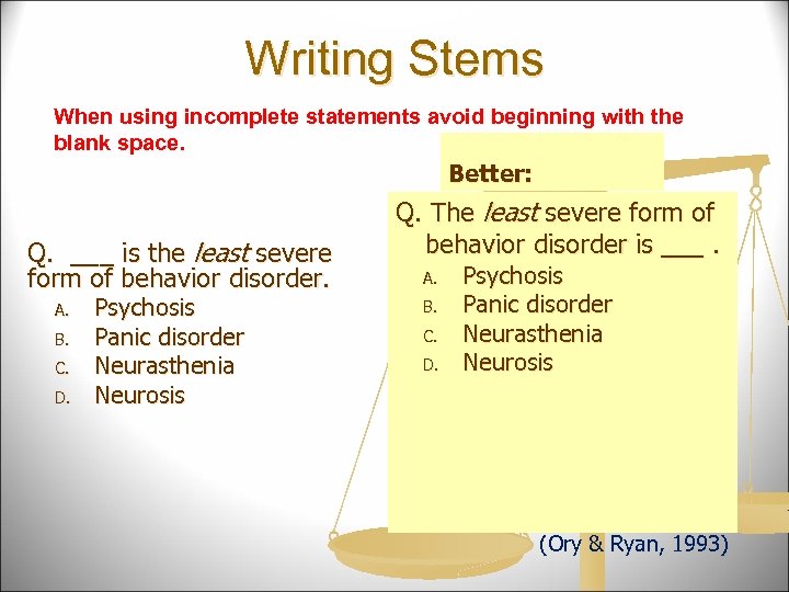 Writing Stems When using incomplete statements avoid beginning with the blank space. Better: Q.