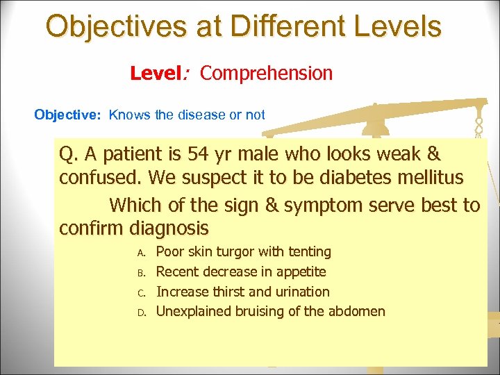 Objectives at Different Levels Level: Comprehension Objective: Knows the disease or not Q. A