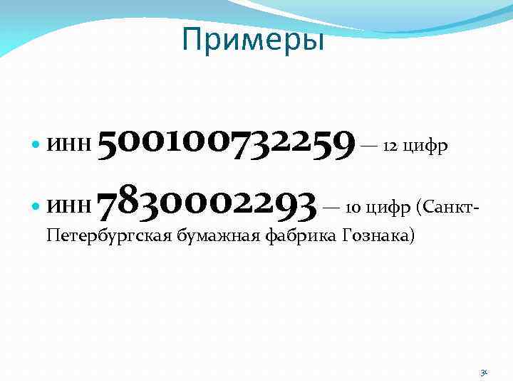 Примеры 500100732259 — 12 цифр ИНН 7830002293 — 10 цифр (Санкт ИНН Петербургская бумажная