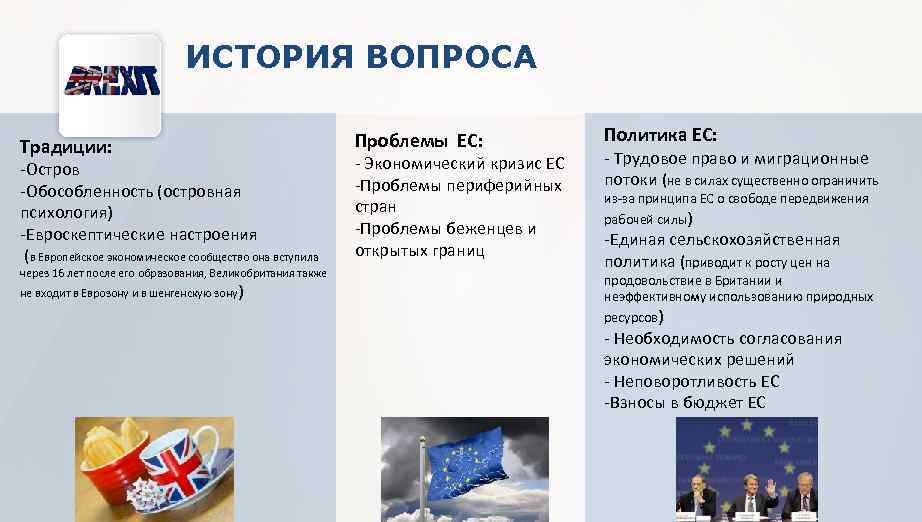 ИСТОРИЯ ВОПРОСА Традиции: -Остров -Обособленность (островная психология) -Евроскептические настроения (в Европейское экономическое сообщество она