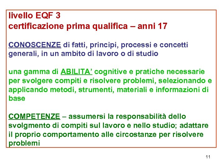 livello EQF 3 certificazione prima qualifica – anni 17 CONOSCENZE di fatti, principi, processi