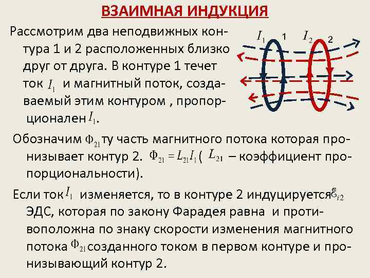 ВЗАИМНАЯ ИНДУКЦИЯ Рассмотрим два неподвижных кон 1 2 тура 1 и 2 расположенных близко