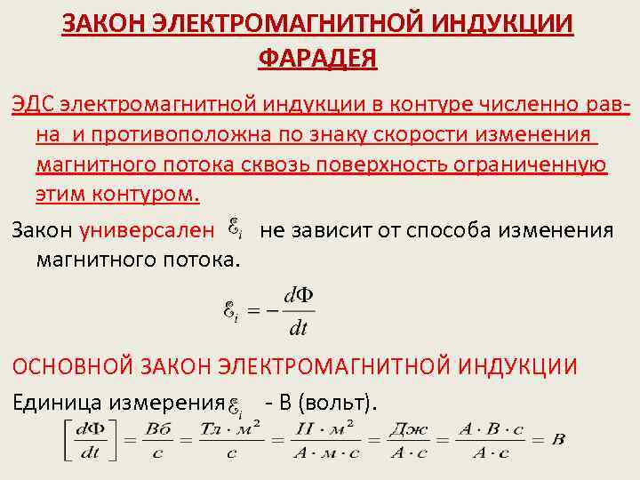 ЗАКОН ЭЛЕКТРОМАГНИТНОЙ ИНДУКЦИИ ФАРАДЕЯ ЭДС электромагнитной индукции в контуре численно равна и противоположна по