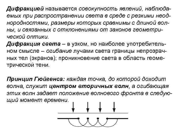 Дифракцией называется совокупность явлений, наблюдаемых при распространении света в среде с резкими неоднородностями, размеры