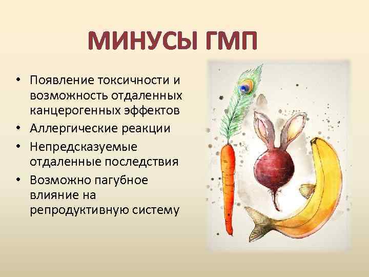 МИНУСЫ ГМП • Появление токсичности и возможность отдаленных канцерогенных эффектов • Аллергические реакции •