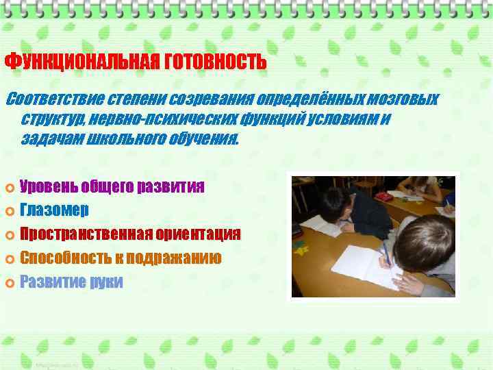 ФУНКЦИОНАЛЬНАЯ ГОТОВНОСТЬ Соответствие степени созревания определённых мозговых структур, нервно-психических функций условиям и задачам школьного