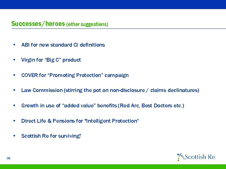 Successes/heroes (other suggestions) • ABI for new standard CI definitions • Virgin for “Big