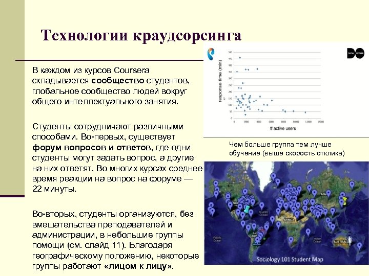 Технологии краудсорсинга В каждом из курсов Coursera складывается сообщество студентов, глобальное сообщество людей вокруг