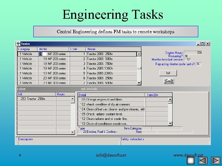 Engineering Tasks Central Engineering defines PM tasks to remote workshops 4 info@dansoft. net www.