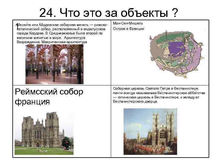 24. Что это за объекты ? 1 Мон-Сен-Мишель Остров в Франции Реймсский собор франция