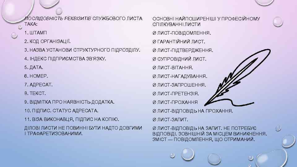 ПОСЛІДОВНІСТЬ РЕКВІЗИТІВ СЛУЖБОВОГО ЛИСТА ТАКА: ОСНОВНІ НАЙПОШИРЕНІШІ У ПРОФЕСІЙНОМУ СПІЛКУВАННІ ЛИСТИ 1. ШТАМП Ø