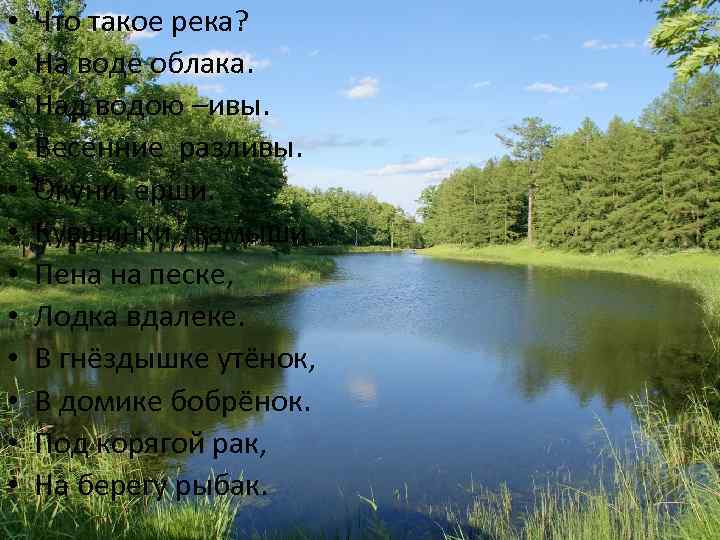  • • • Что такое река? На воде облака. Над водою –ивы. Весенние