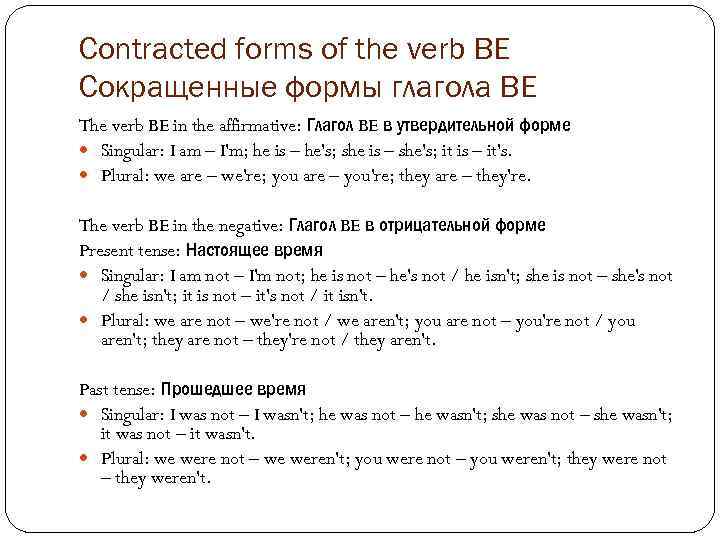 Contracted forms of the verb BE Сокращенные формы глагола BE The verb BE in