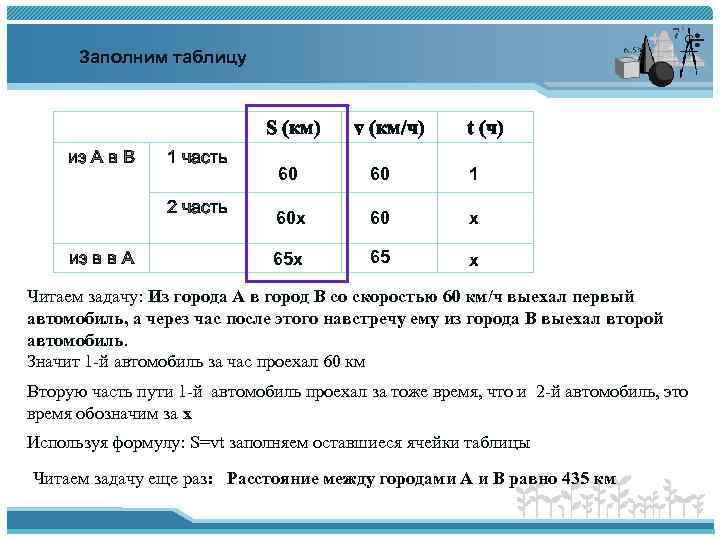Заполним таблицу S (км) из А в В 1 часть 2 часть из в