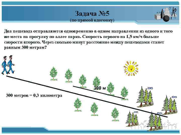 Задача № 5 (по прямой вдогонку) Два пешехода отправляются одновременно в одном направлении из