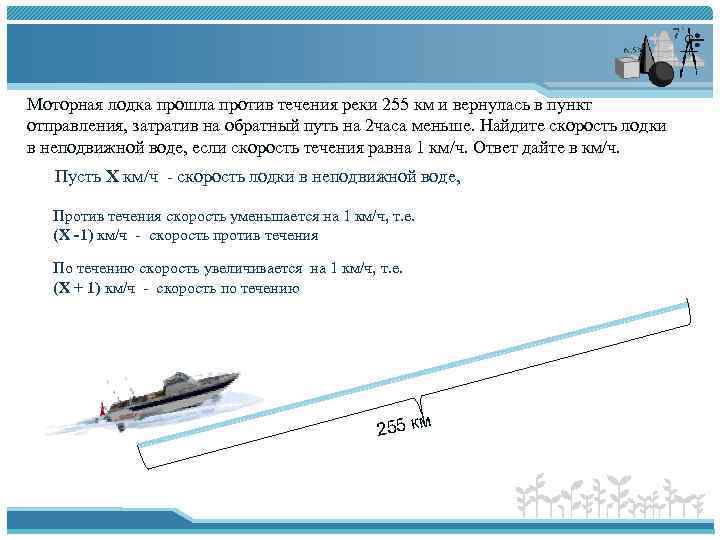 Моторная лодка прошла против течения реки 255 км и вернулась в пункт отправления, затратив