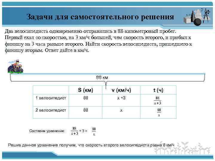 Задачи для самостоятельного решения Два велосипедиста одновременно отправились в 88 -километровый пробег. Первый ехал
