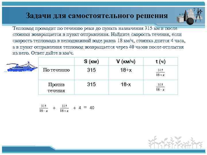 Скорость теплохода по реке