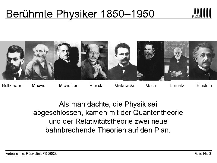 Berühmte Physiker 1850– 1950 Boltzmann Maxwell Michelson Planck Minkowski Mach Lorentz Einstein Als man