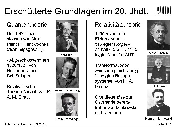 Erschütterte Grundlagen im 20. Jhdt. Quantentheorie Relativitätstheorie Um 1900 angestossen von Max Planck (Planck‘sches