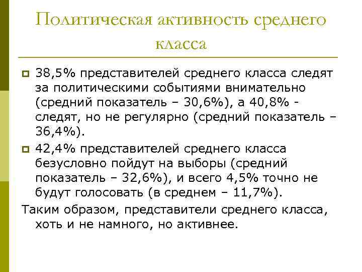 Политическая активность среднего класса 38, 5% представителей среднего класса следят за политическими событиями внимательно