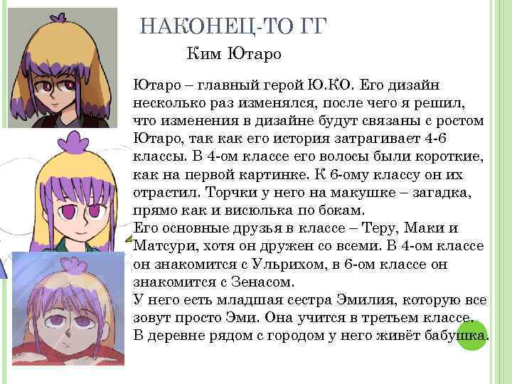 НАКОНЕЦ-ТО ГГ Ким Ютаро – главный герой Ю. КО. Его дизайн несколько раз изменялся,
