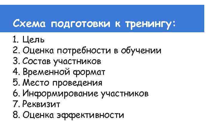Схема подготовки к тренингу: 1. Цель 2. Оценка потребности в обучении 3. Состав участников