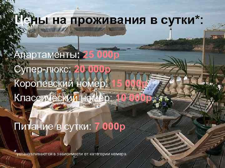 Цены на проживания в сутки*: Апартаменты: 25 000 р Супер-люкс: 20 000 р Королевский