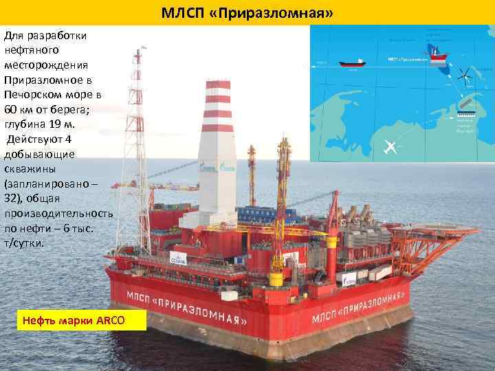 МЛСП «Приразломная» Для разработки нефтяного месторождения Приразломное в Печорском море в 60 км от