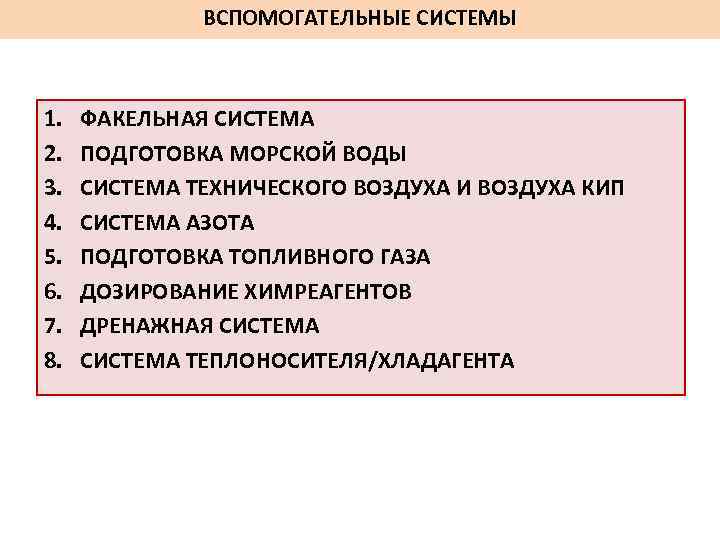 ВСПОМОГАТЕЛЬНЫЕ СИСТЕМЫ 1. 2. 3. 4. 5. 6. 7. 8. ФАКЕЛЬНАЯ СИСТЕМА ПОДГОТОВКА МОРСКОЙ