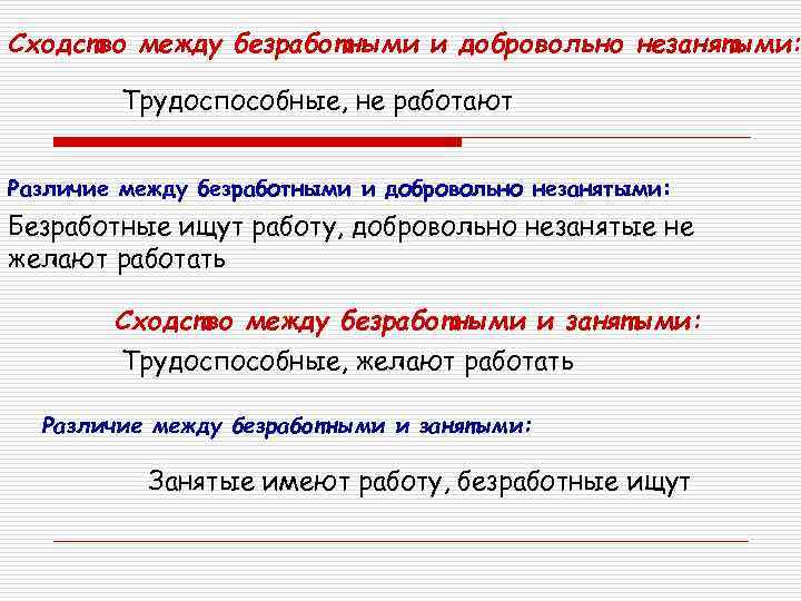 Сходство между безработными и добровольно незанятыми: Трудоспособные, не работают Различие между безработными и добровольно