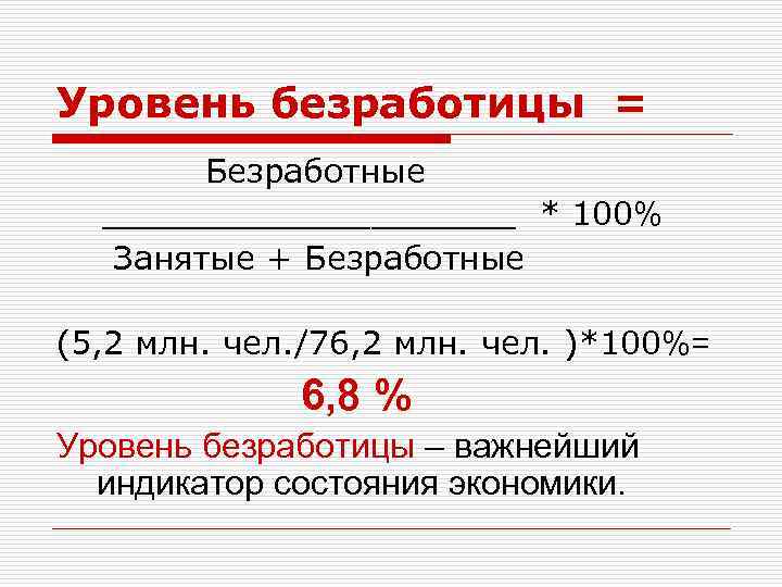 Уровень безработицы = Безработные __________ * 100% Занятые + Безработные (5, 2 млн. чел.