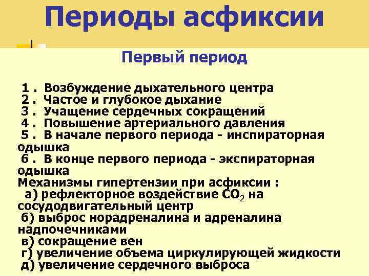 Периоды асфиксии Первый период 1. Возбуждение дыхательного центра 2. Частое и глубокое дыхание 3.