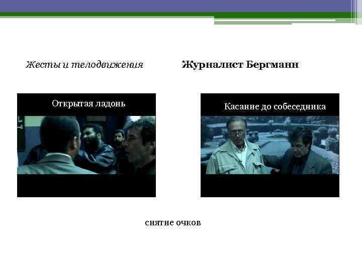 Жесты и телодвижения Журналист Бергманн Открытая ладонь Касание до собеседника снятие очков 
