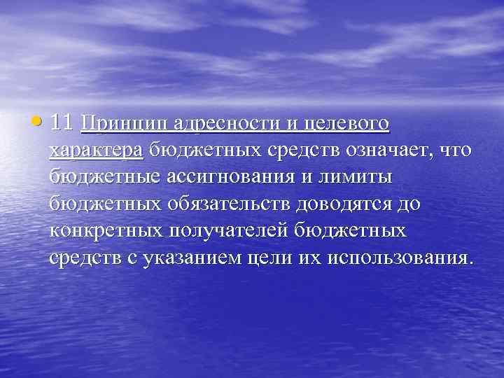  • 11 Принцип адресности и целевого характера бюджетных средств означает, что бюджетные ассигнования