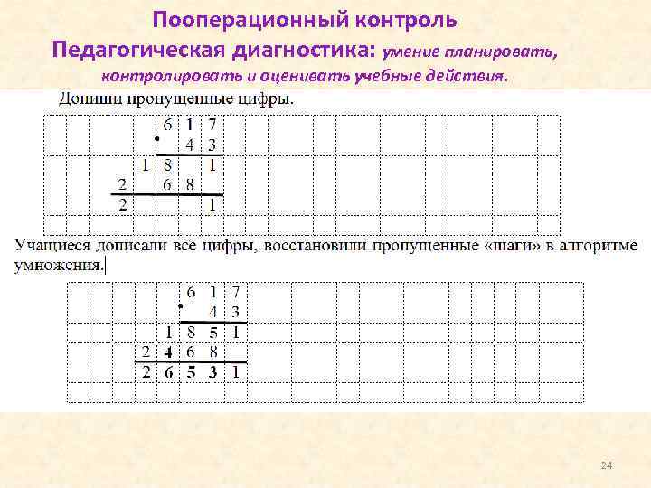 Пооперационный контроль Педагогическая диагностика: умение планировать, контролировать и оценивать учебные действия. 24 